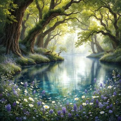 The primary subject of the image is a serene scene of a river surrounded by trees and flowers. The river is blue, and the trees are green, creating a peaceful and natural atmosphere. The setting includes a forest with trees and bushes, and the background features a sky. The visual style of the image is a painting, which adds to the artistic and tranquil mood of the scene. The colors and mood of the image are predominantly blue and green, reflecting the calmness and beauty of the natural environment